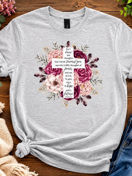 Tops - Gray Floral Shirt with Cross and Scripture Declaration- Custom Made